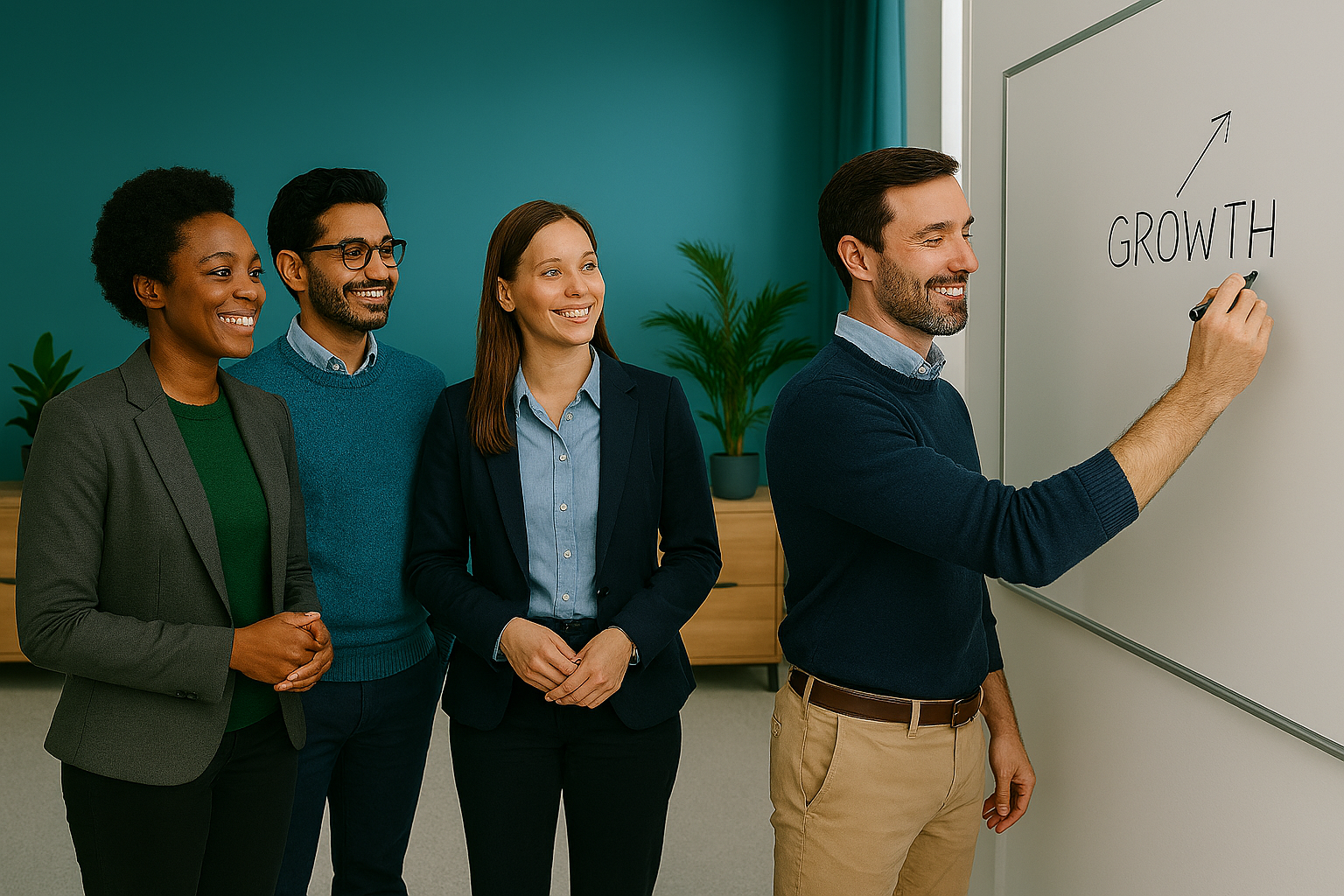 Photo of a sharing moment: someone happily sharing a short internal checklist with an interested co-worker